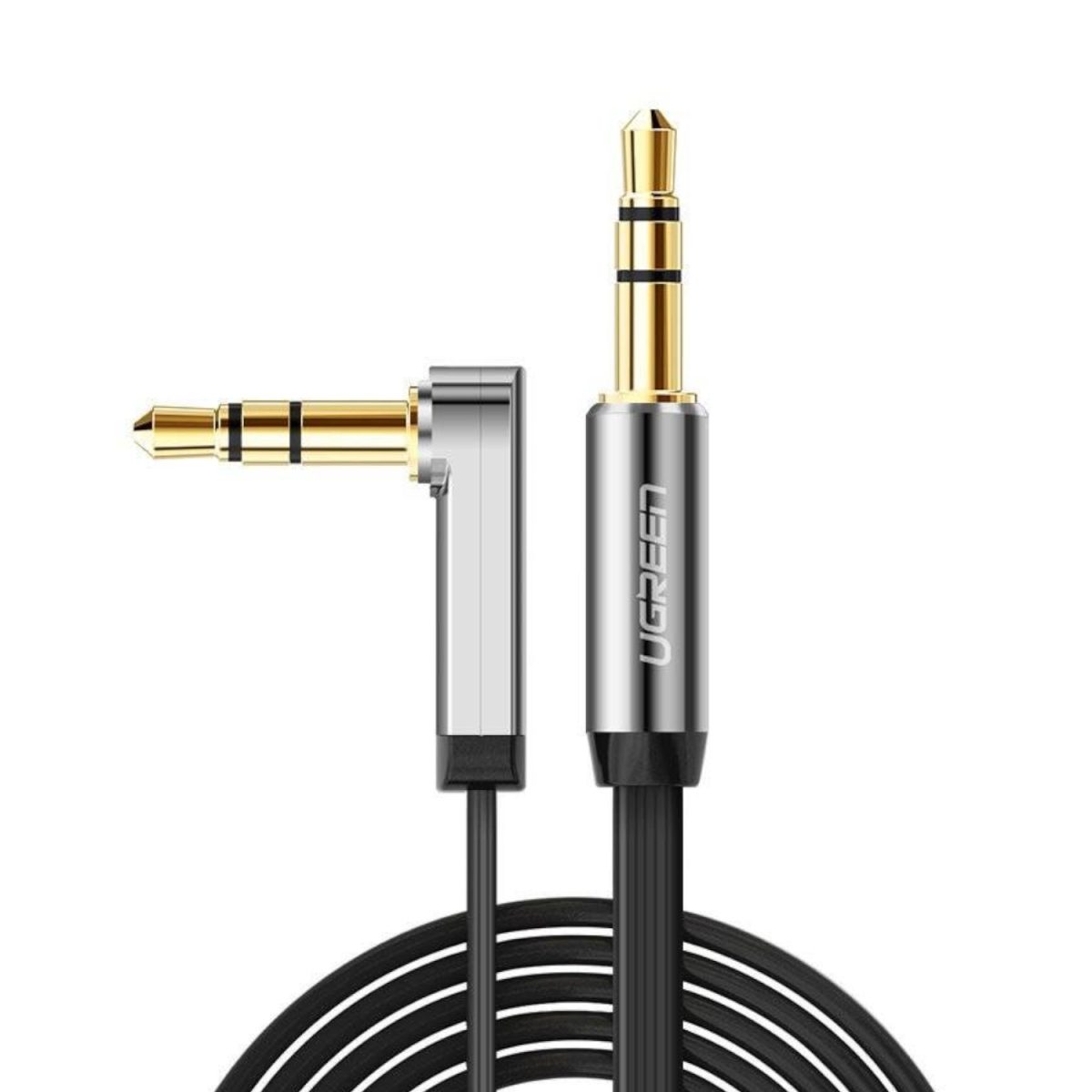 UGREEN AV119 Right-angled 3.5mm Flat Aux Cable 2m - Black/Silver - Image 1