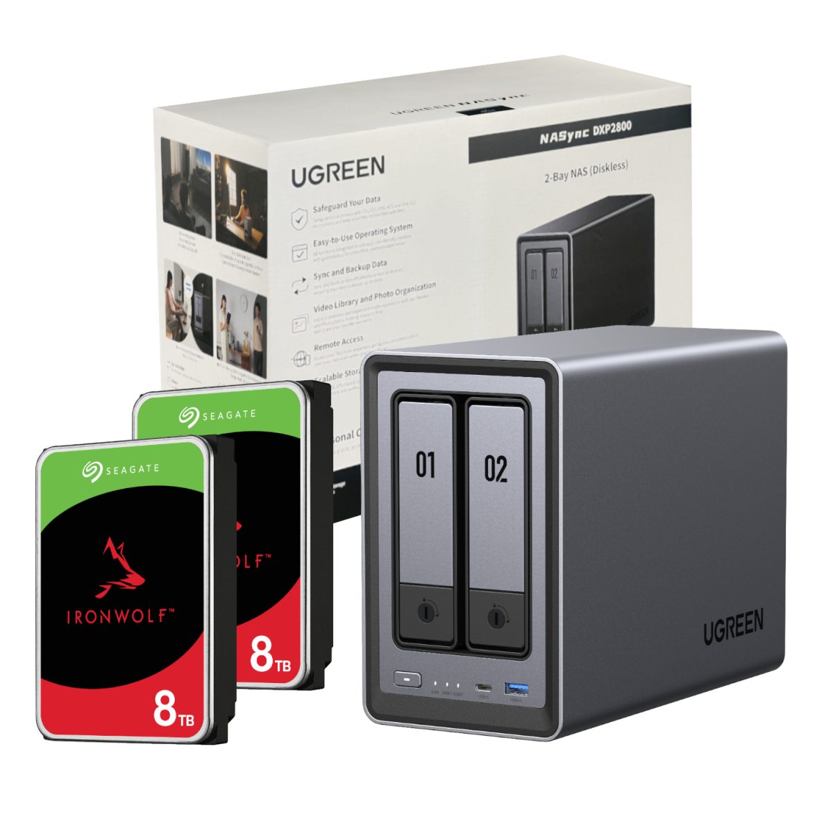 UGreen NASync DXP2800 2 Bay NAS with Seagate Ironwolf NAS 16TB SATA Hard Drive V2 Bundle (2x 8TB) - Image 1