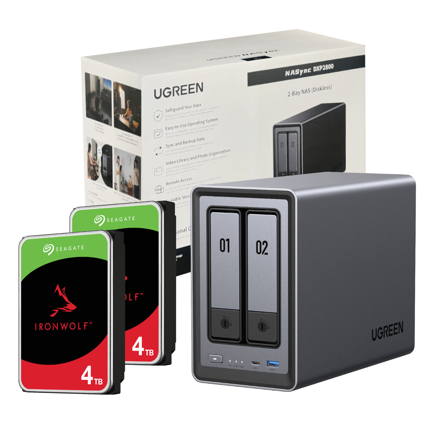 UGreen NASync DXP2800 2 Bay NAS with Seagate Ironwolf NAS 8TB SATA Hard Drive Bundle (2x 4TB) - Image 1