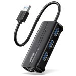 UGREEN USB Type-A Male to Ethernet Adapter with 3-Port USB Hub – Black